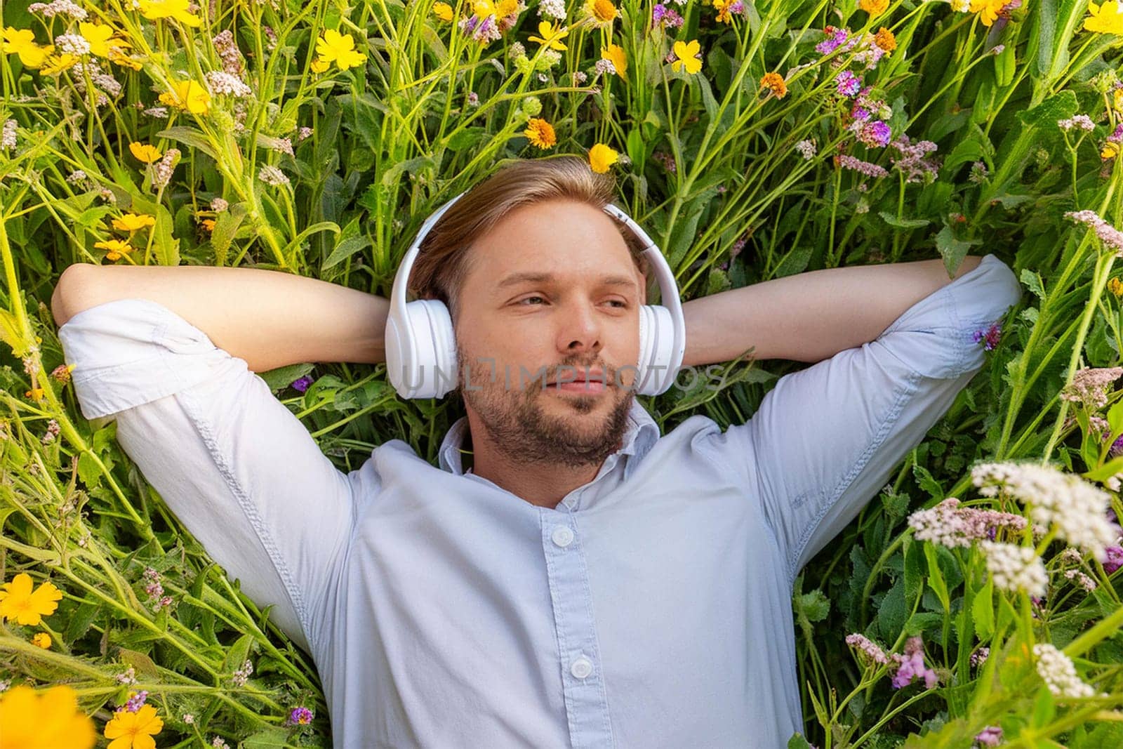 Man businessman in shirt and headphones lying on lawn among flowers and enjoying music during break or after work.