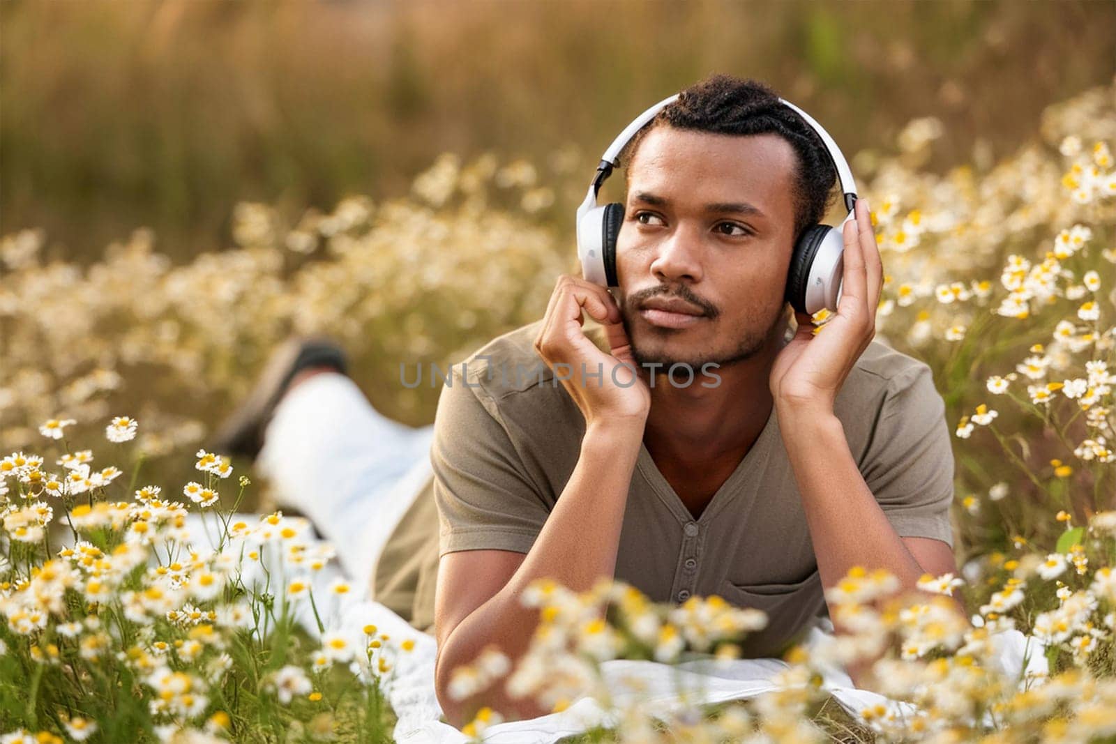 Black man lying in meadow among wildflowers and daisies and listening to music in headphones.