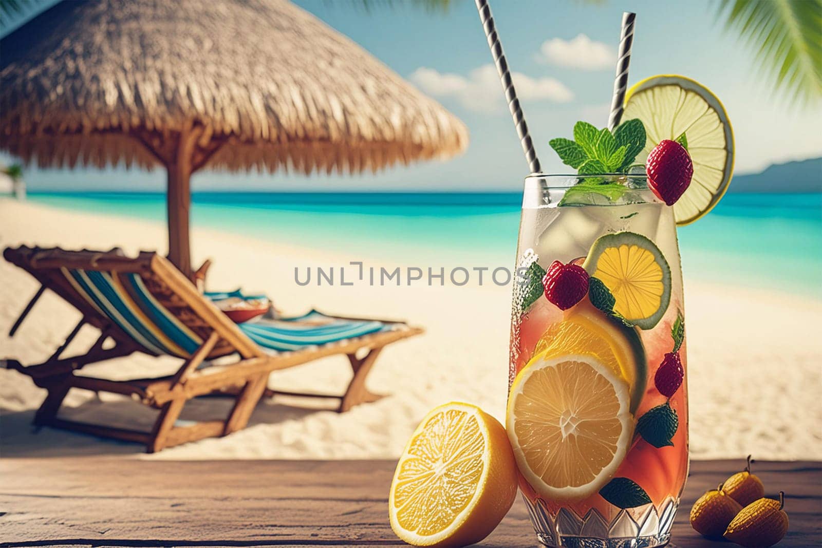 Wooden beach table with a refreshing drink - decorated with lemon and berries, with the sea and sky in the background