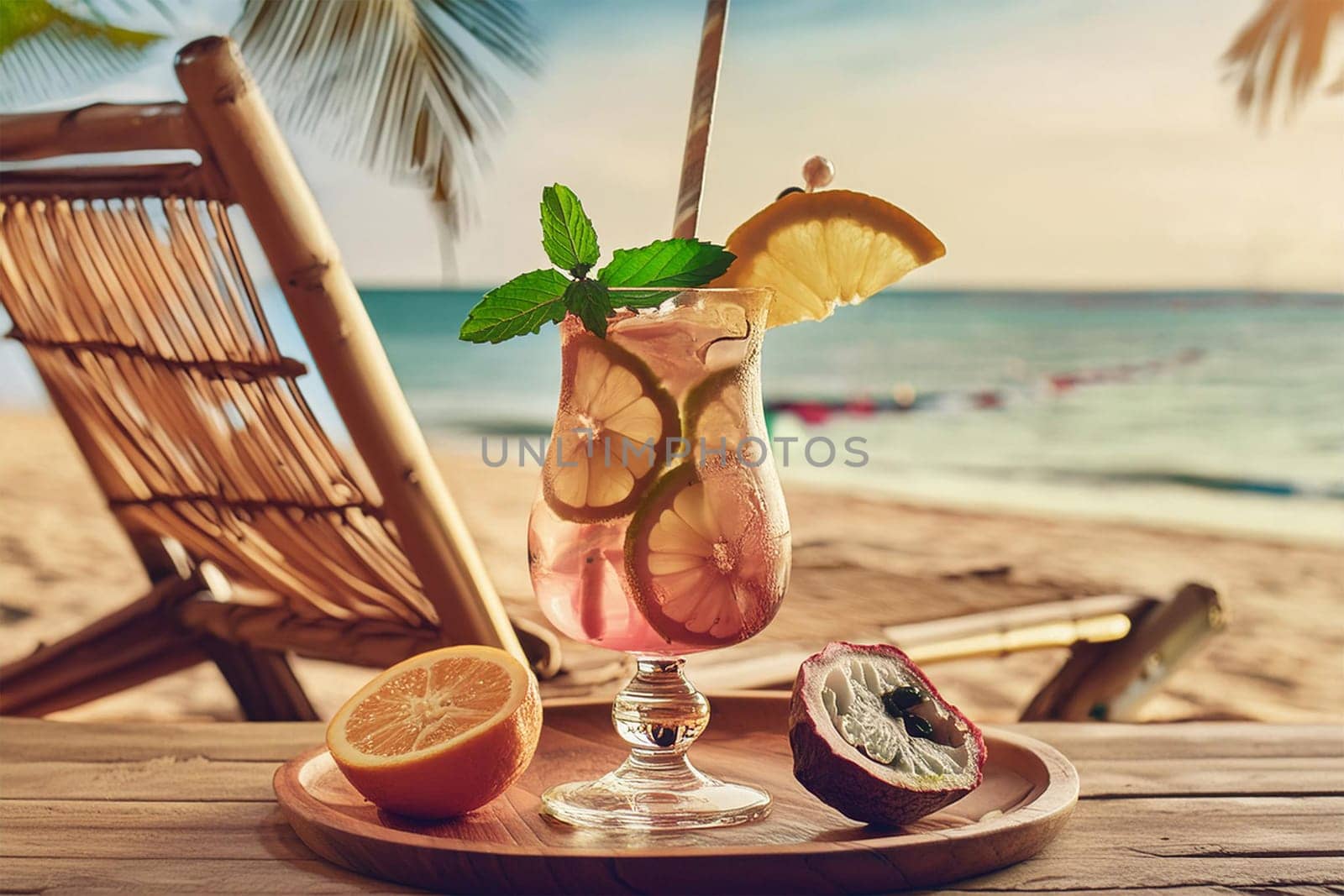 Fruit drink on a beach table - with a view of the sea and palm trees during the day