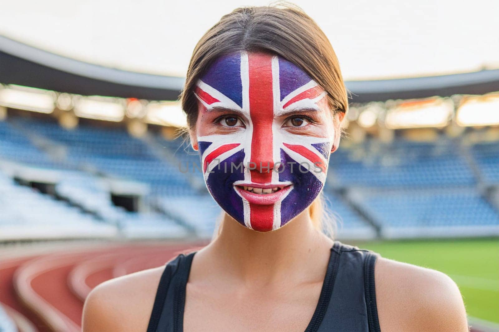British Female Athlete with British Flag Painted on Her Face at Sports Stadium.