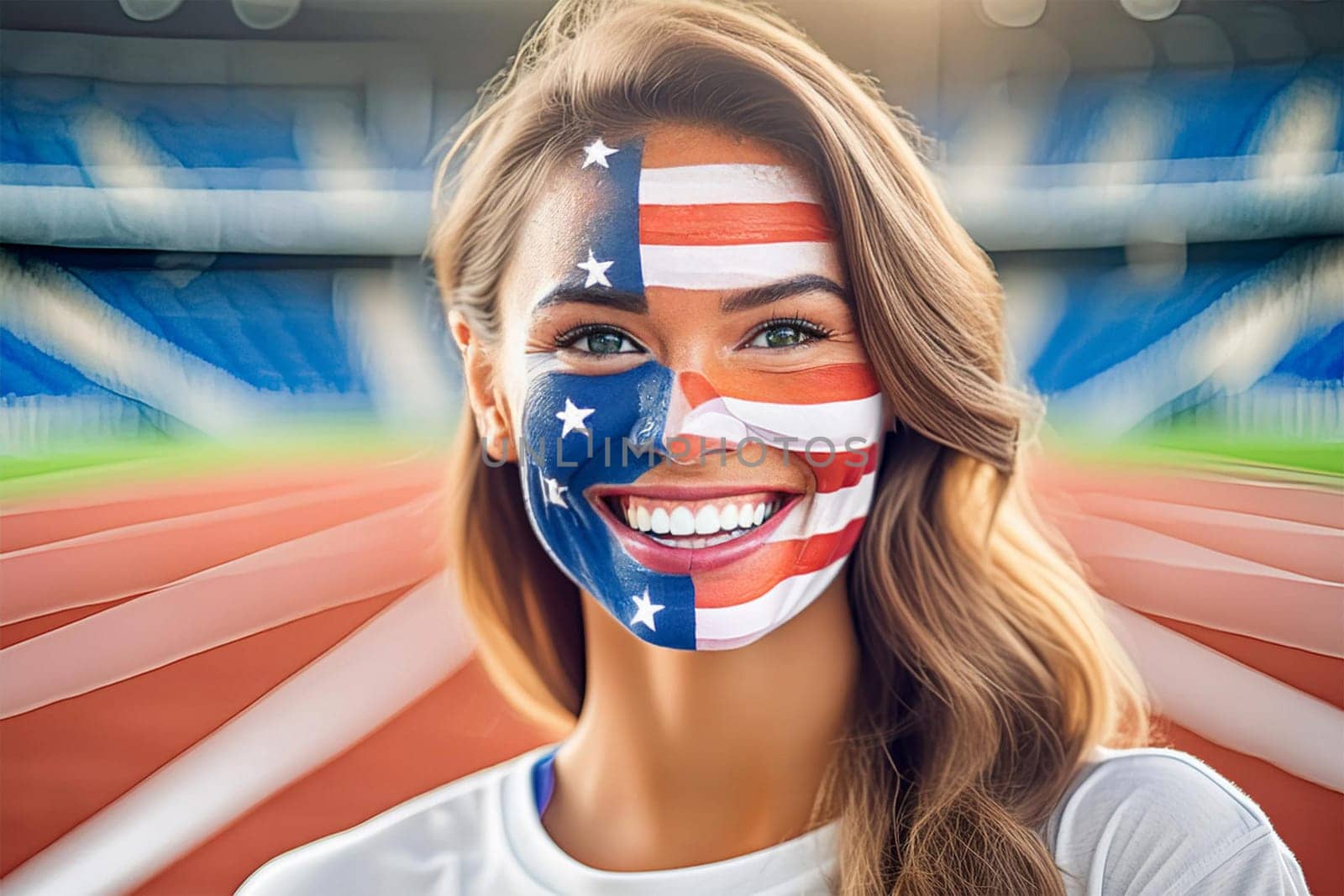 Portrait of a young female athlete in a stadium with the US national flag painted on her face.