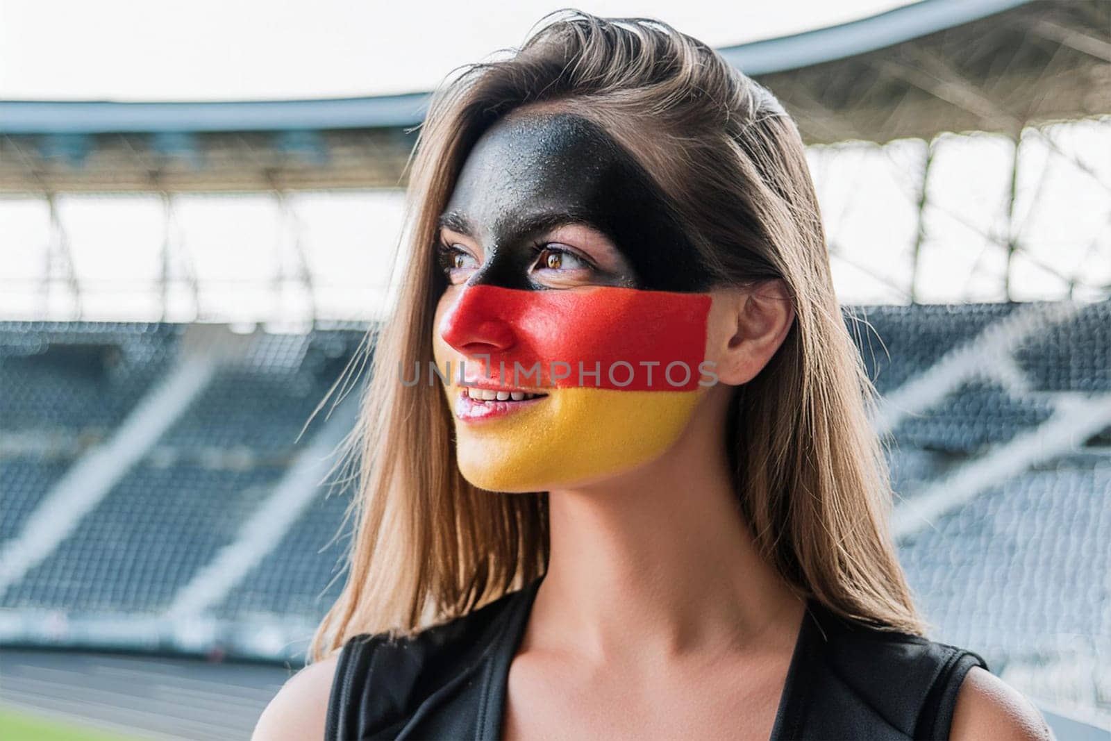 German fan waiting for match in sports stadium with German flag painted on her face.