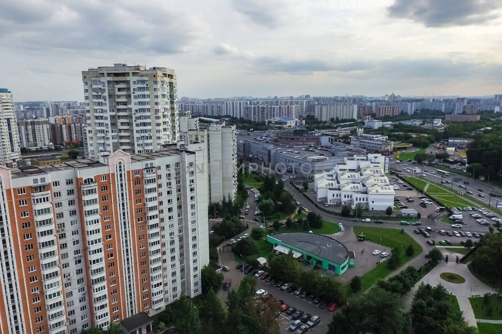 Top view of the city of Moscow, buildings and roads and other infrastructure of the city. Cityscape view from above.