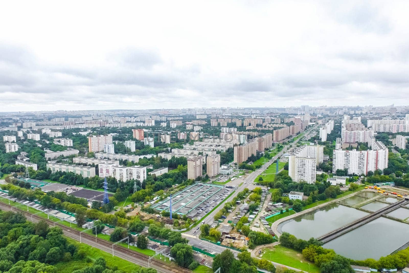 Top view of the city of Moscow, buildings and roads and other infrastructure of the city. Cityscape view from above.