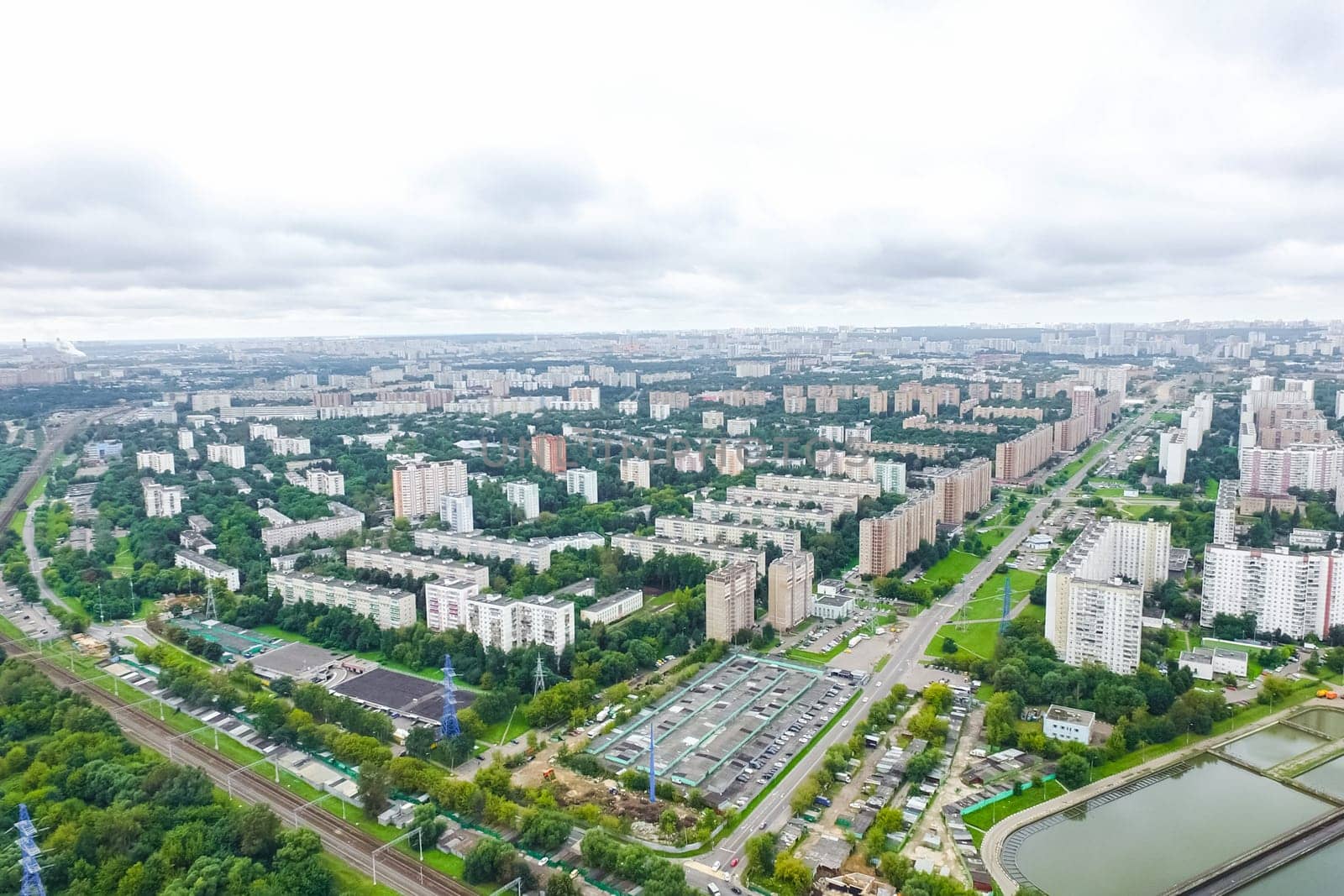 Top view of the city of Moscow, buildings and roads and other infrastructure of the city. Cityscape view from above.