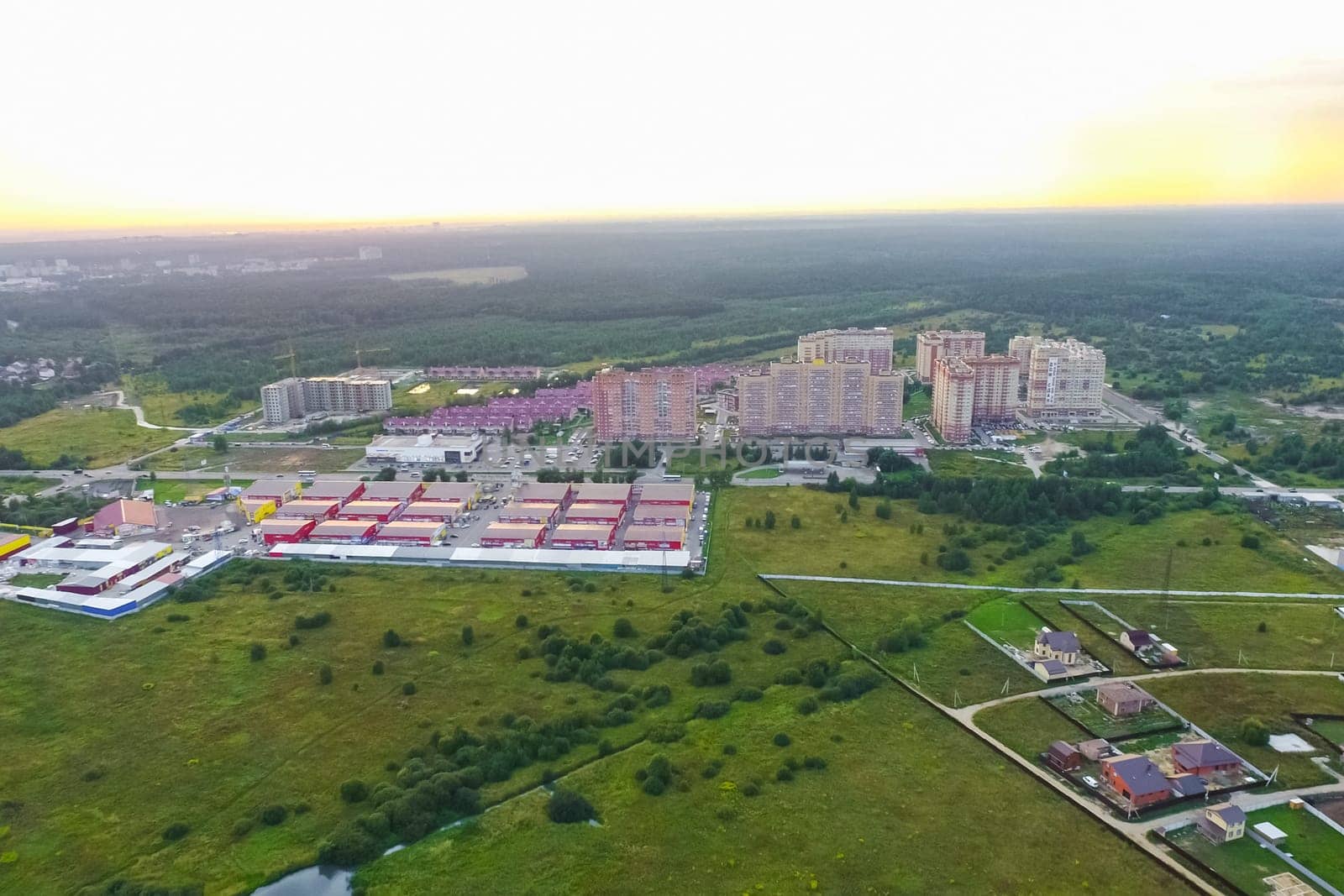 Top view of the city of Moscow, buildings and roads and other infrastructure of the city. Cityscape view from above.