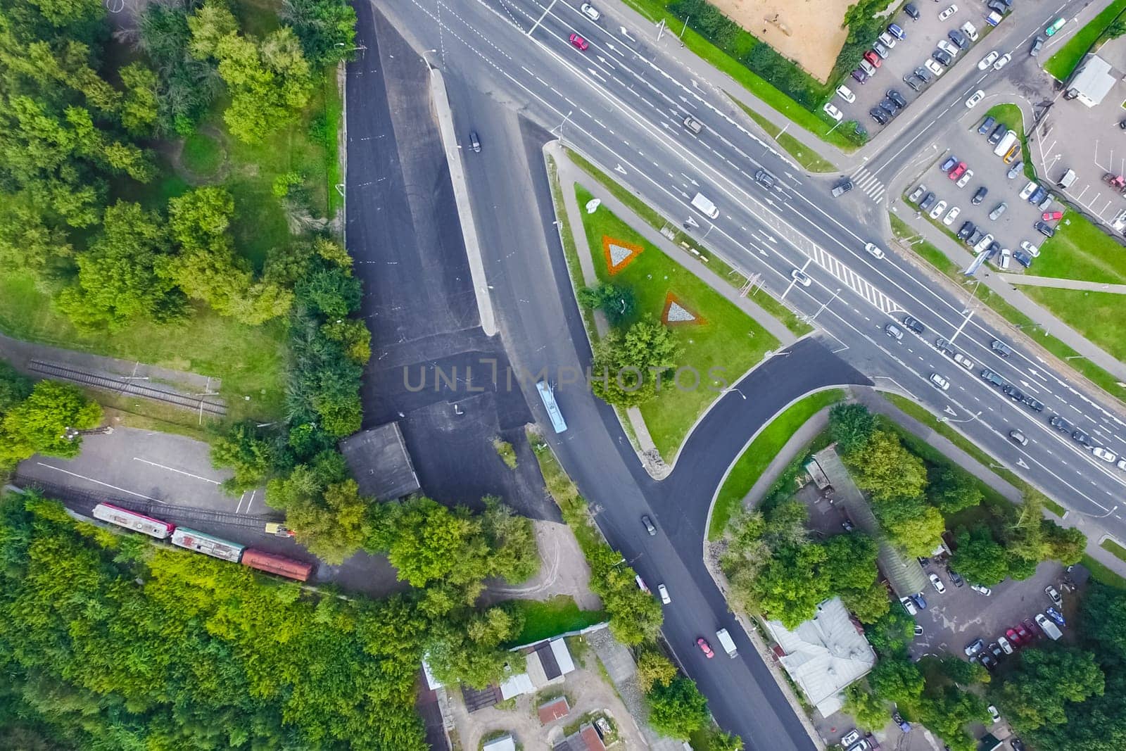 Top view of the city of Moscow, buildings and roads and other infrastructure of the city. Cityscape view from above.