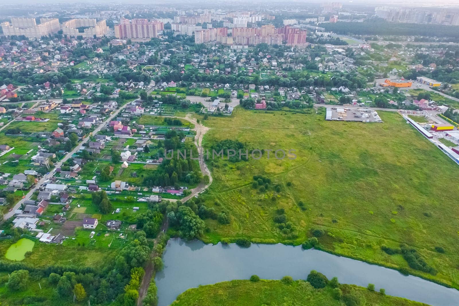 Top view of the village, fields and forests near the village