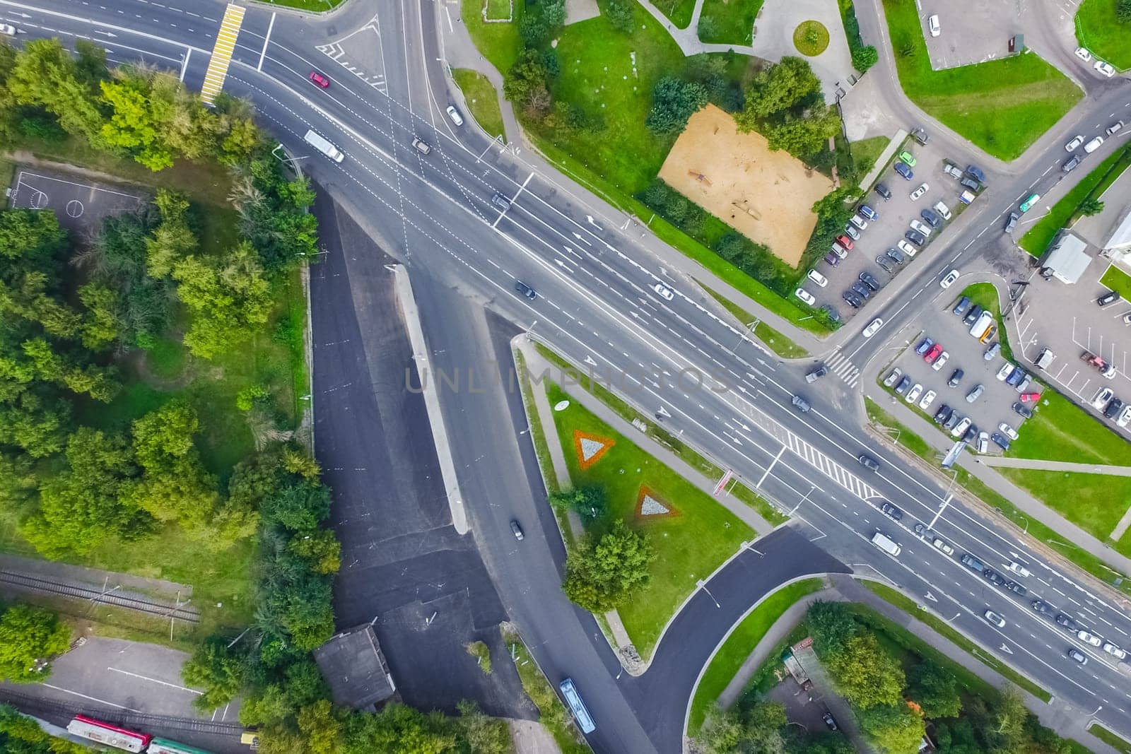 Top view of the city of Moscow, buildings and roads and other infrastructure of the city. Cityscape view from above.