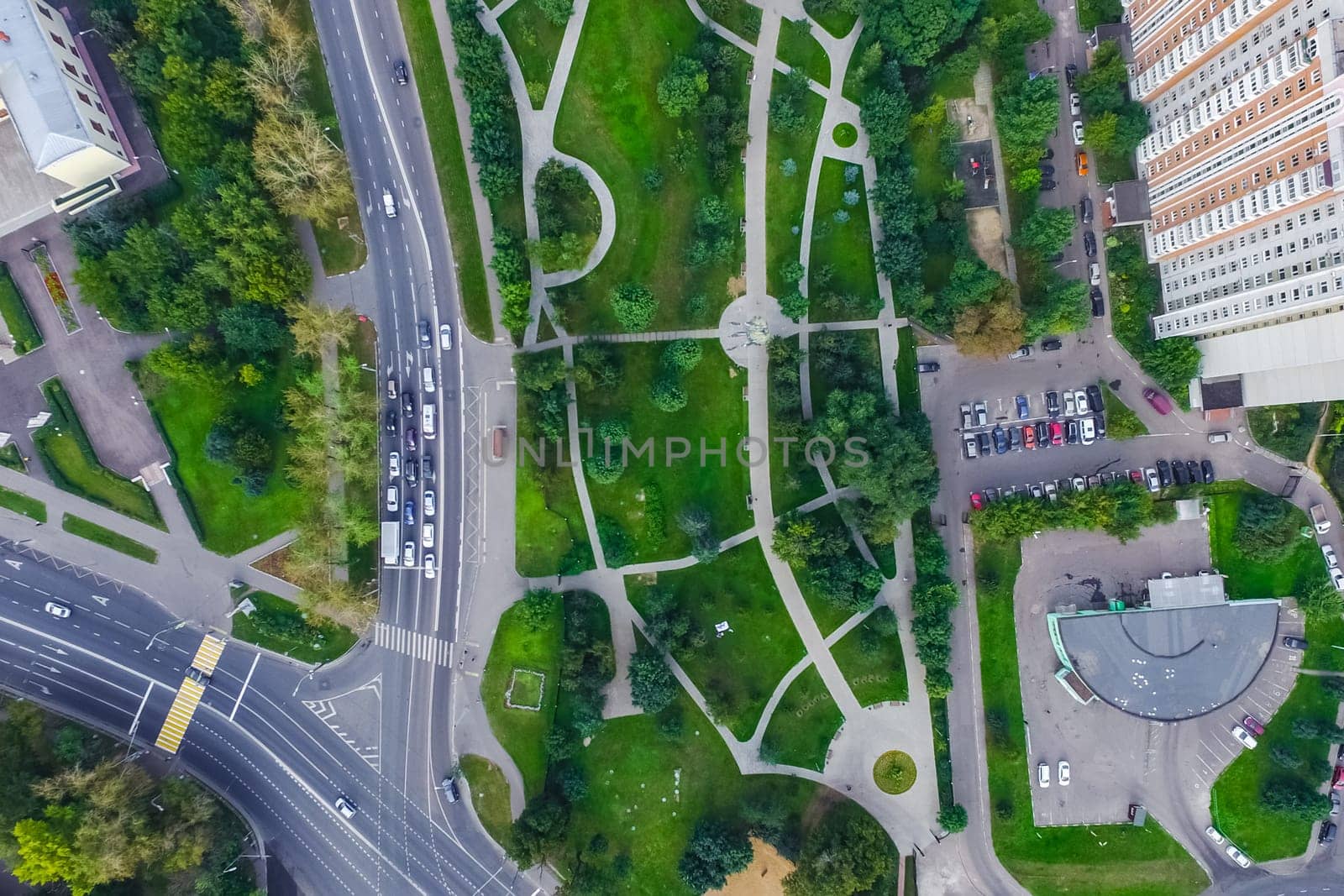 Top view of the city of Moscow, buildings and roads and other infrastructure of the city. Cityscape view from above.