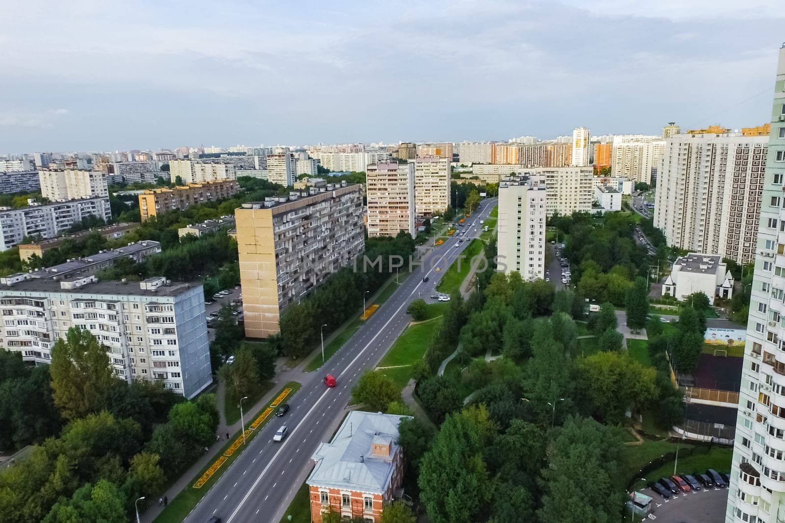 Top view of the city of Moscow, buildings and roads and other infrastructure of the city. Cityscape view from above.