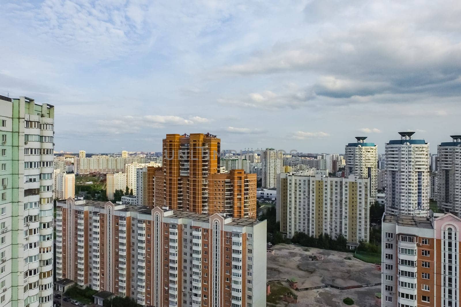 Top view of the city of Moscow, buildings and roads and other infrastructure of the city. Cityscape view from above.