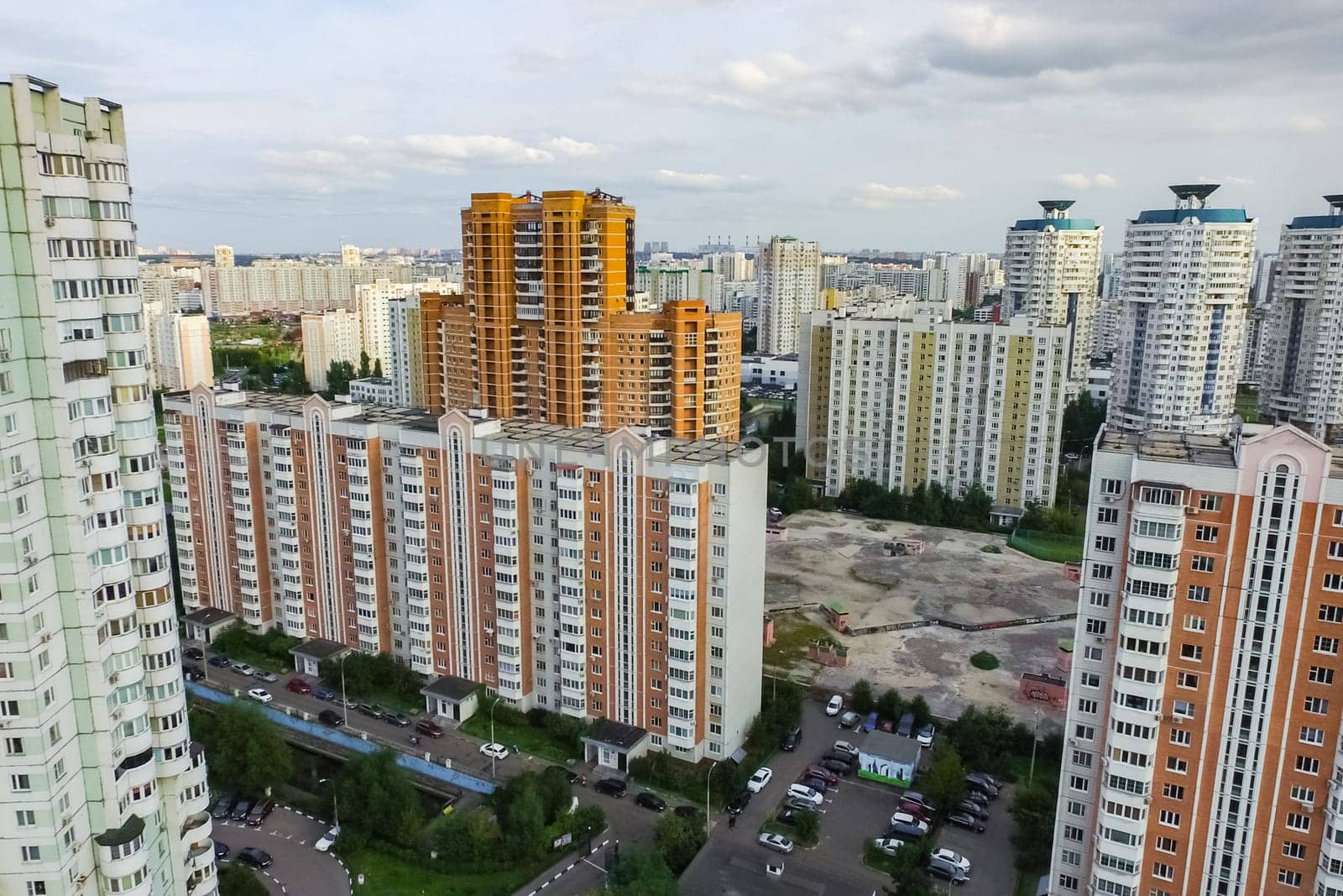 Top view of the city of Moscow, buildings and roads and other infrastructure of the city. Cityscape view from above.