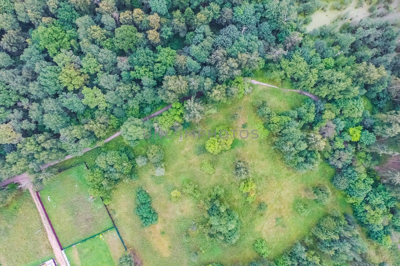 Top view of the village, fields and forests near the village