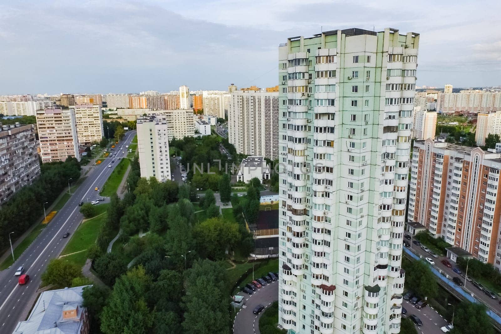 Top view of the city of Moscow, buildings and roads and other infrastructure of the city. Cityscape view from above.