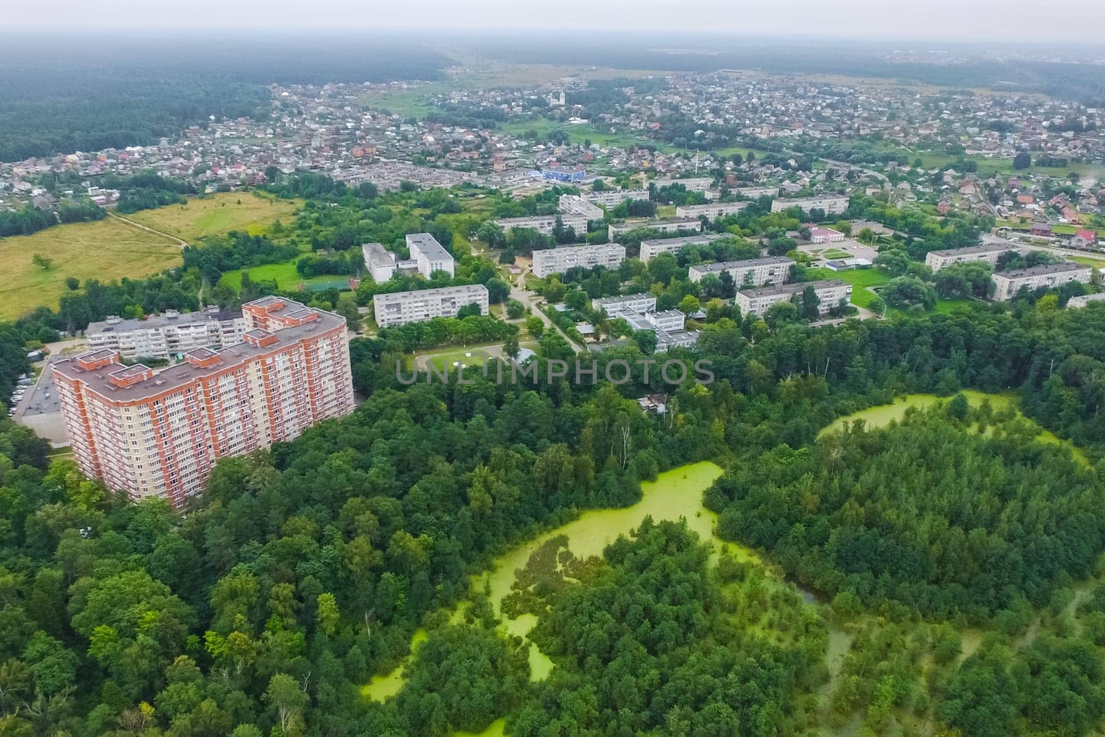 Top view of the village, fields and forests near the village