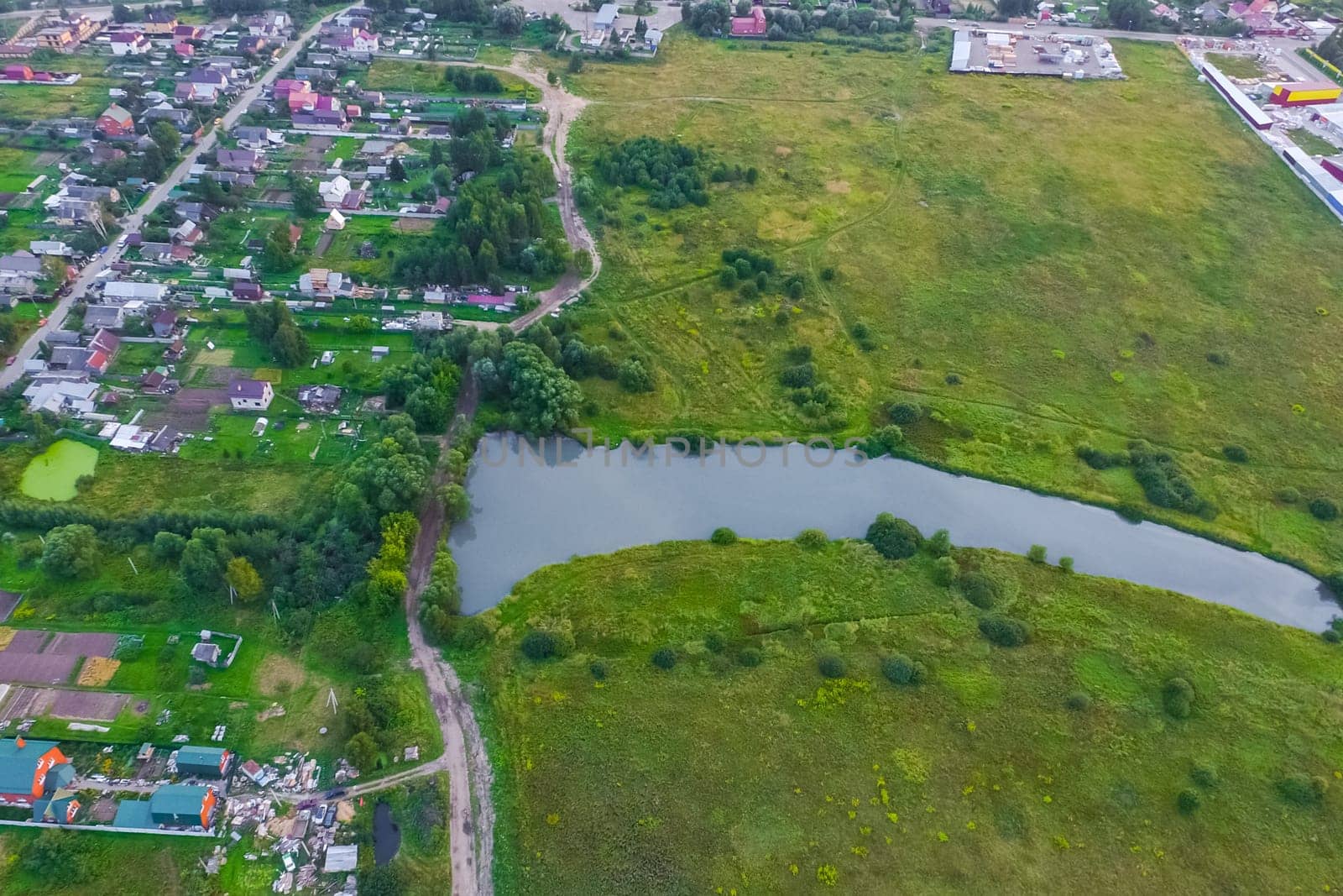 Top view of the village, fields and forests near the village