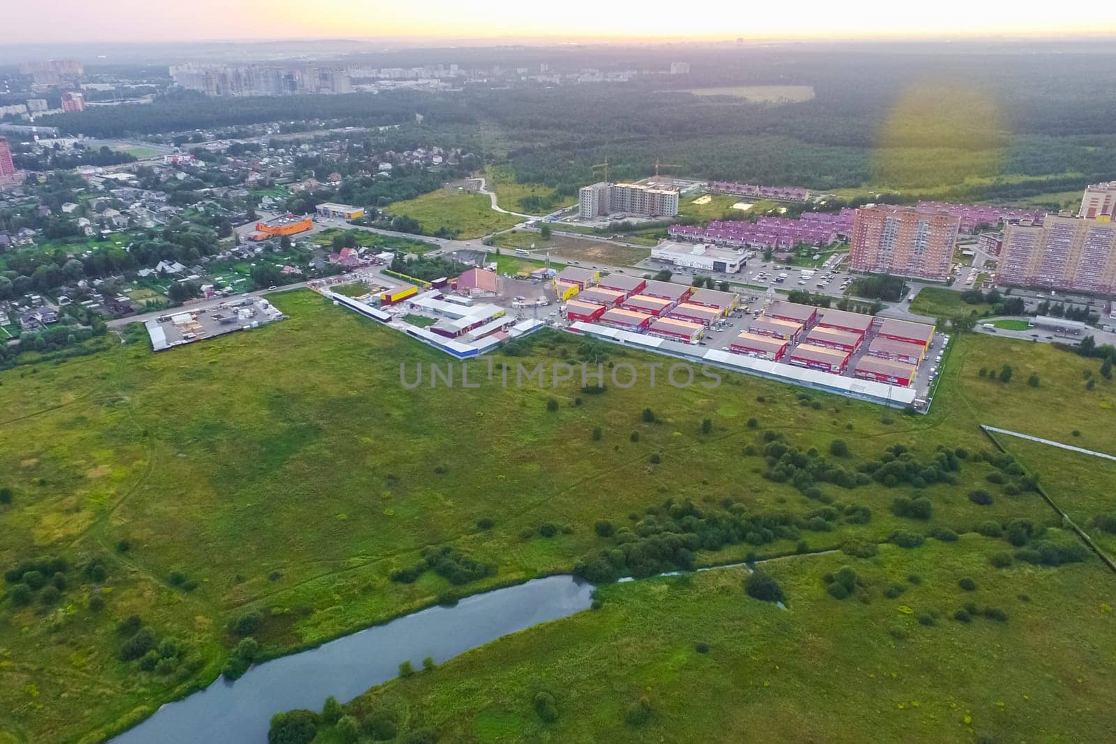 Top view of the village, fields and forests near the village