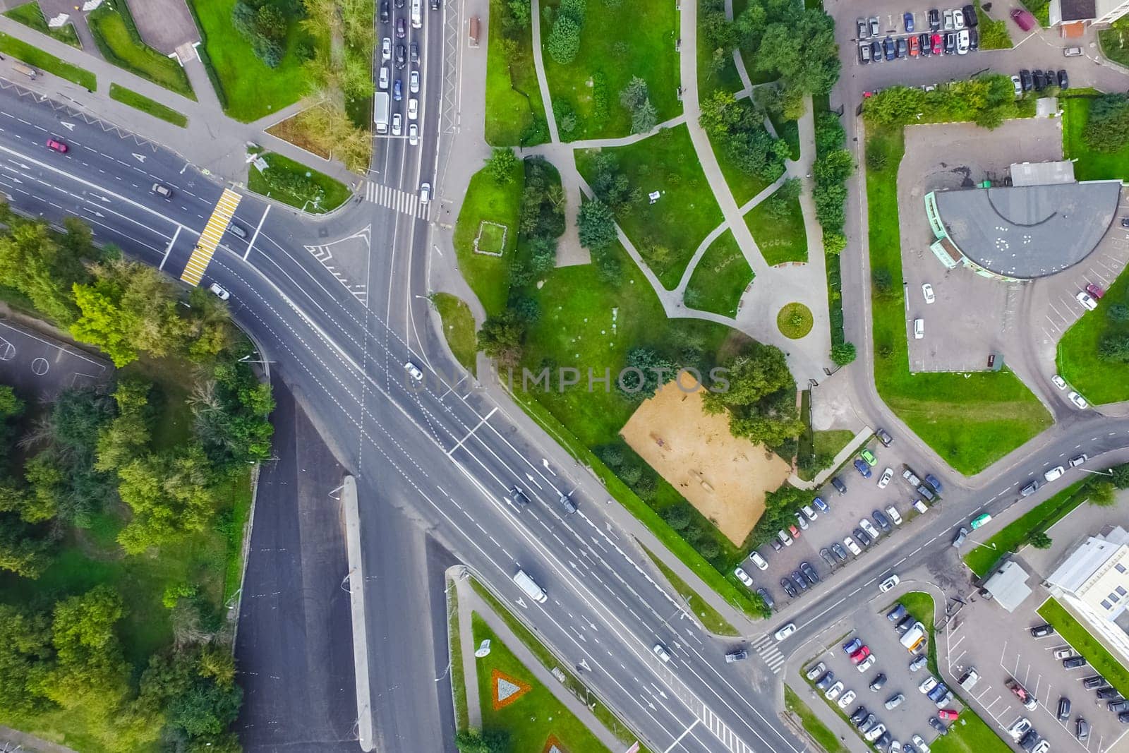 Top view of the city of Moscow, buildings and roads and other infrastructure of the city. Cityscape view from above.