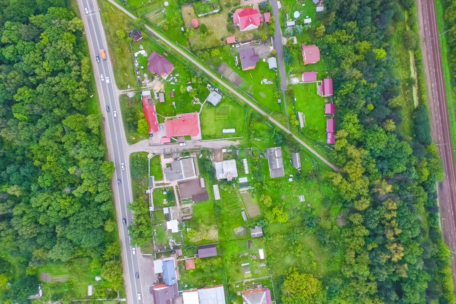 Top view of the village, fields and forests near the village