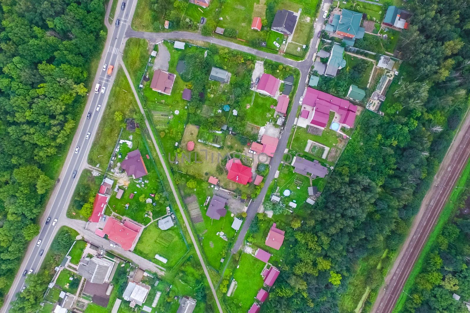 Top view of the village, fields and forests near the village