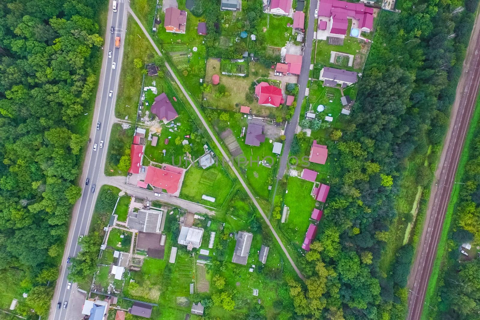 Top view of the village, fields and forests near the village