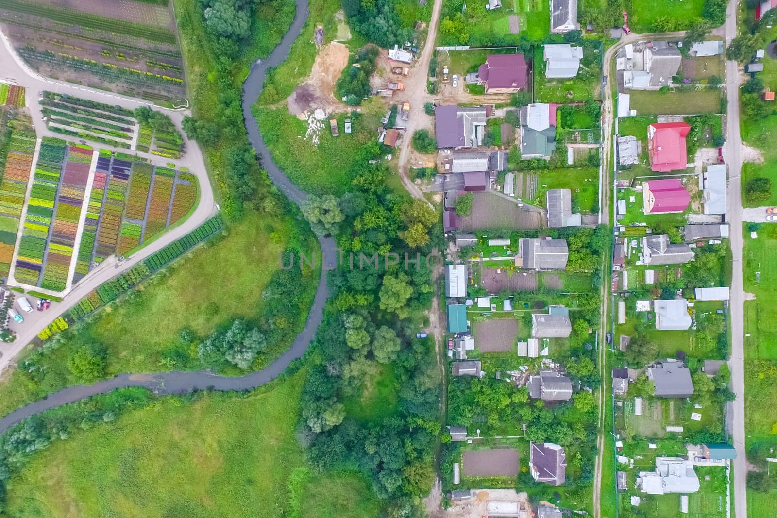 Top view of the village, fields and forests near the village