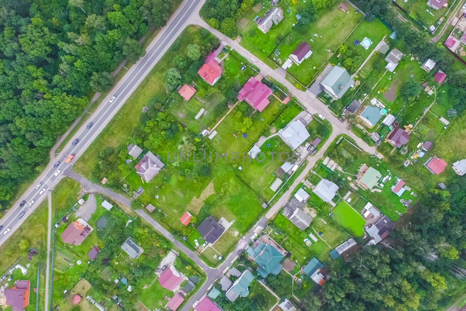 Top view of the village, fields and forests near the village