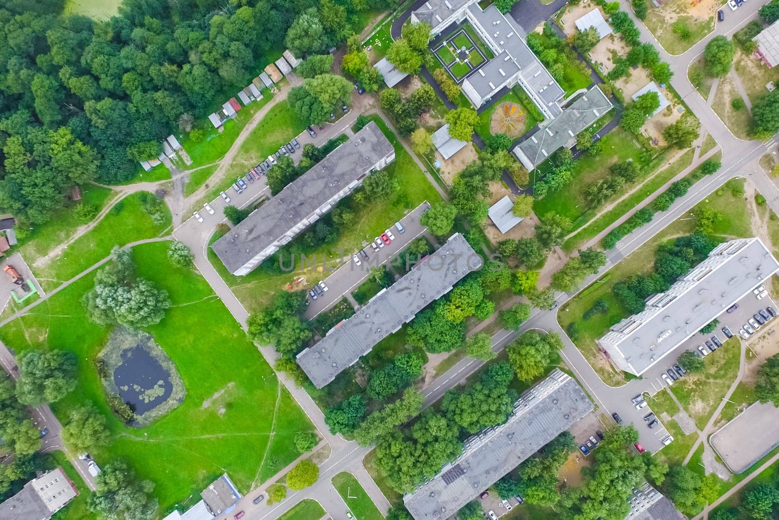 Top view of the village, fields and forests near the village