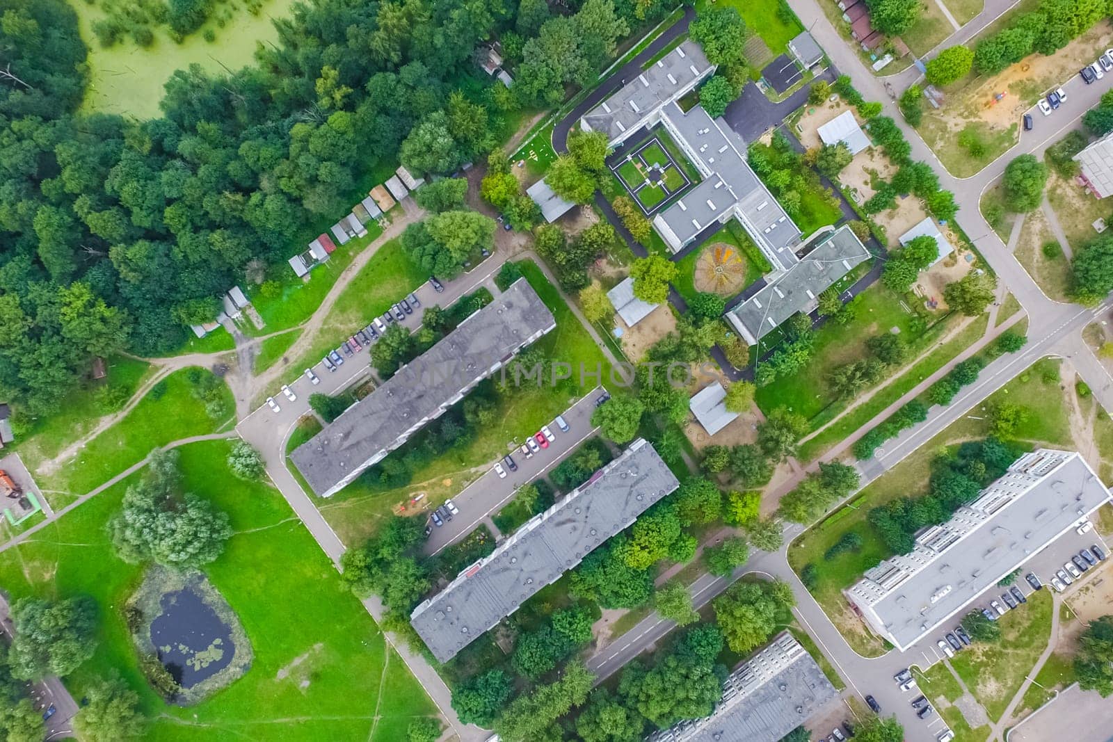 Top view of the village, fields and forests near the village