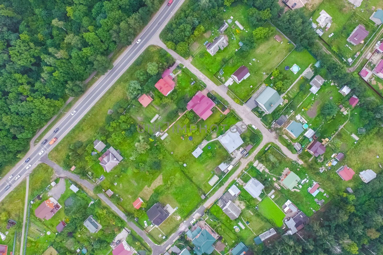Top view of the village, fields and forests near the village