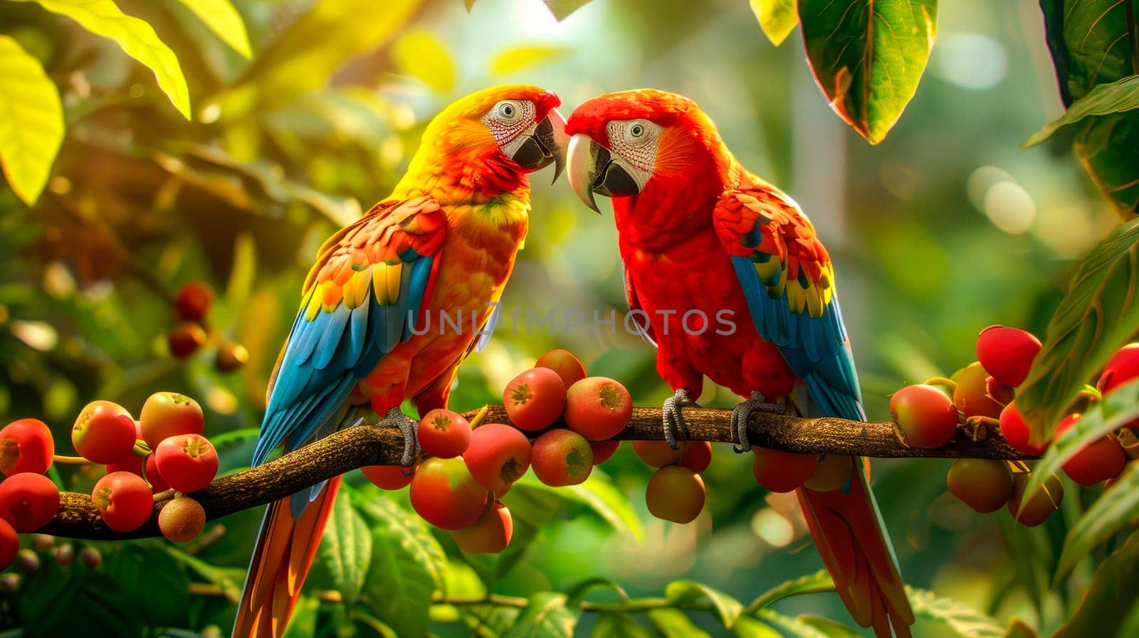 Pair of big  Macaws parrots, two birds sitting on the branch. Wildlife love scene from tropical forest nature. AI generated