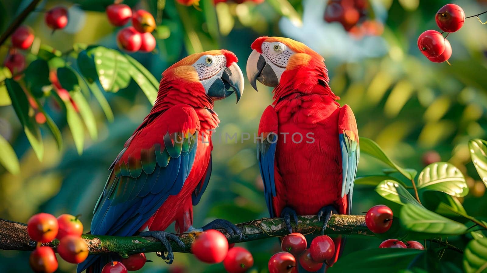 Pair of big  Macaws parrots, two birds sitting on the branch. Wildlife love scene from tropical forest nature. AI generated
