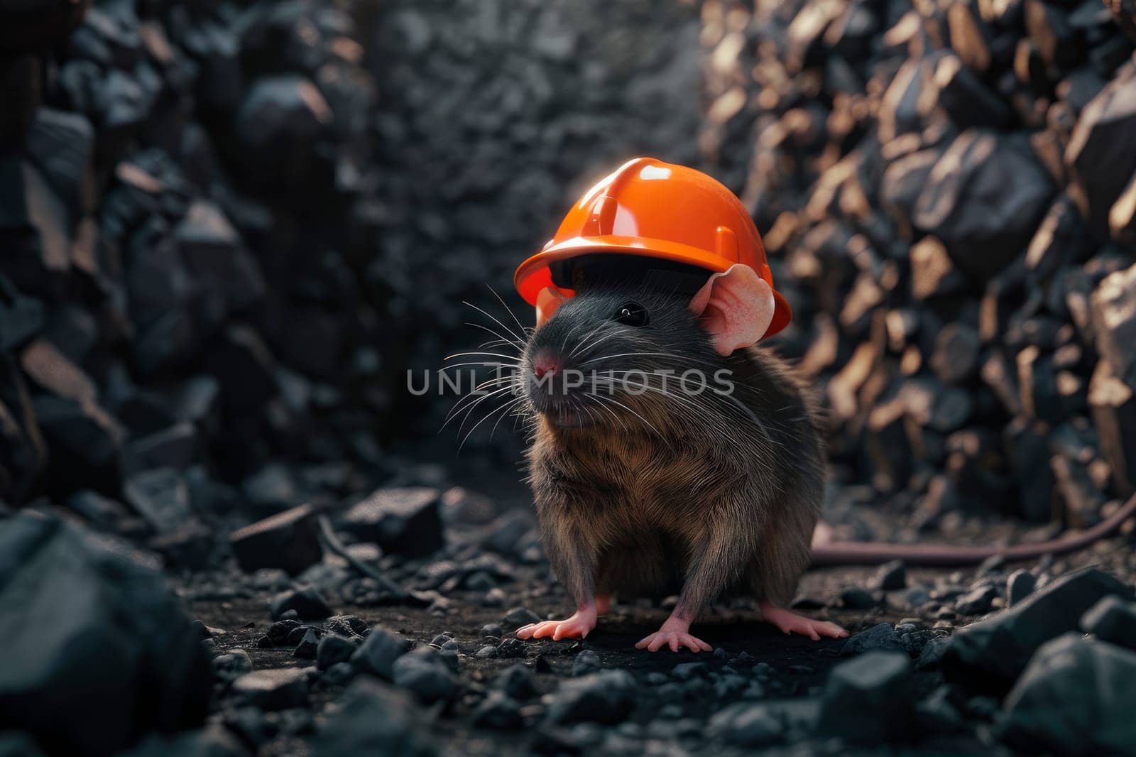A rat wearing an orange hard hat and standing in a coal mines. Hard mining and industrial work. AI generated