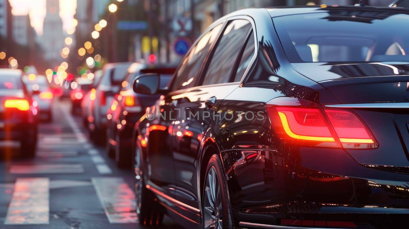 Transportation vehicle and traffic concept. Blurred traffic jam and brake light on evening, back view. AI generated