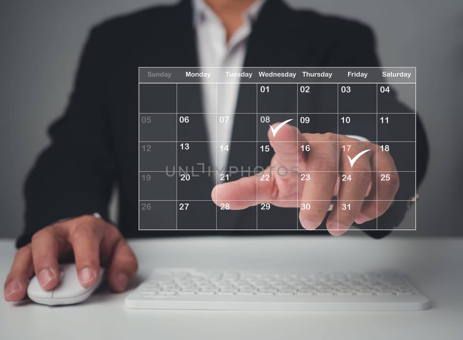 Appointment scheduler, Businessman marking dates on virtual calendar, managing his business schedule, setting reminders for important appointments, creative collage for planning ideas.