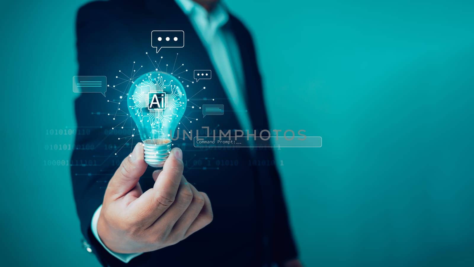 Businessman using technology smart robot AI, Ai technology, Artificial intelligence by enter command prompt for generates something, Futuristic technology transformation. Chat with AI