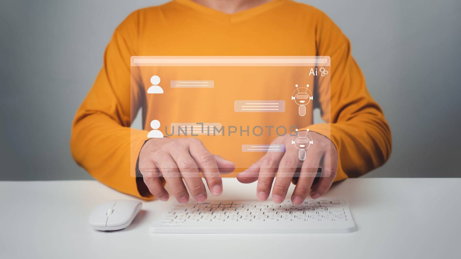 Man wearing an orange shirt chatting with a smart AI using an artificial intelligence chatbot developed by OpenAI, Chat bot concept, Artificial intelligence system support is the future, Chat with AI.