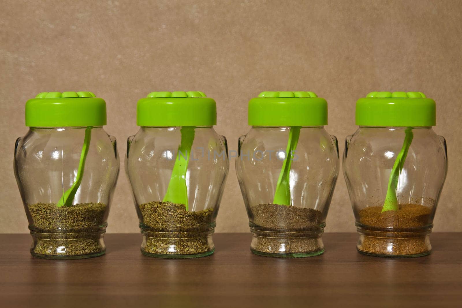 Closed glass jars kitchen storage spices