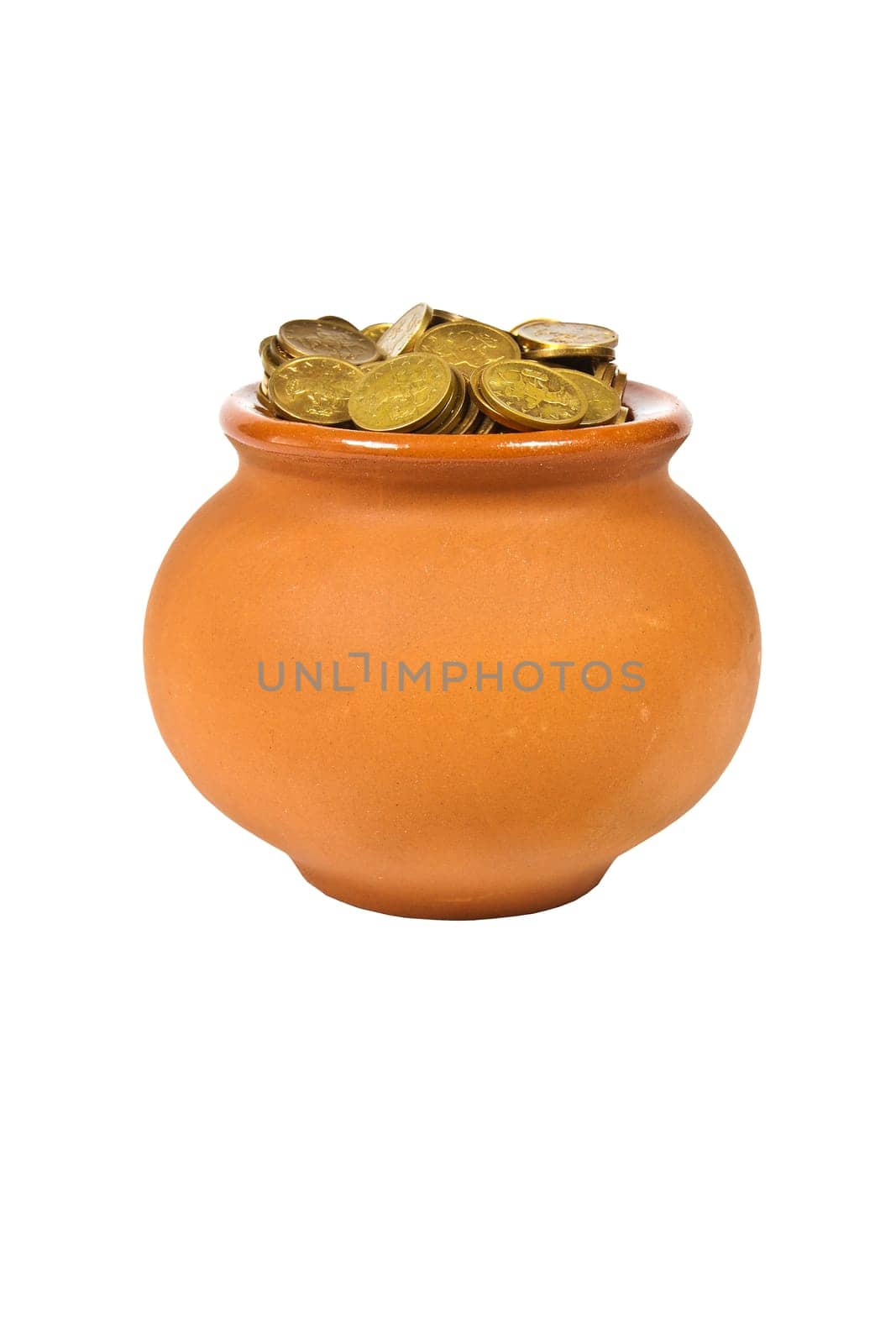 Clay pot with gold coins on a white background