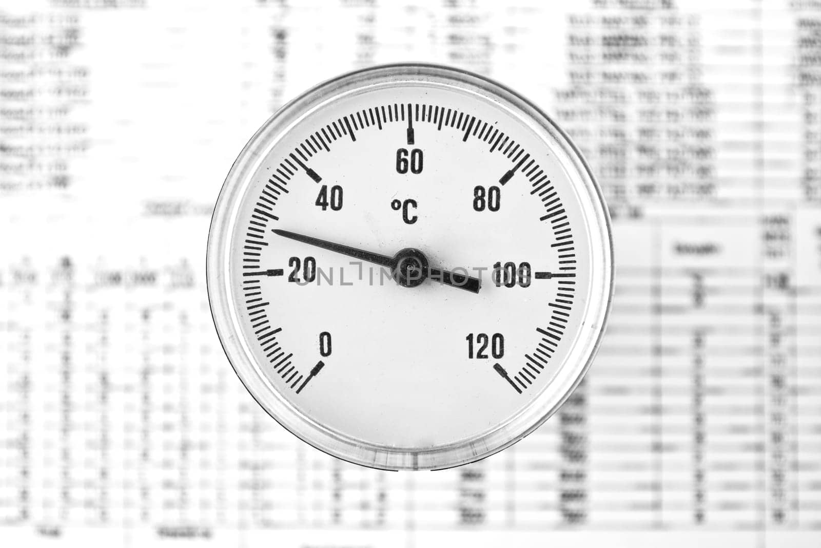 Industrial Thermometer with round analog dial with Arabic numerals