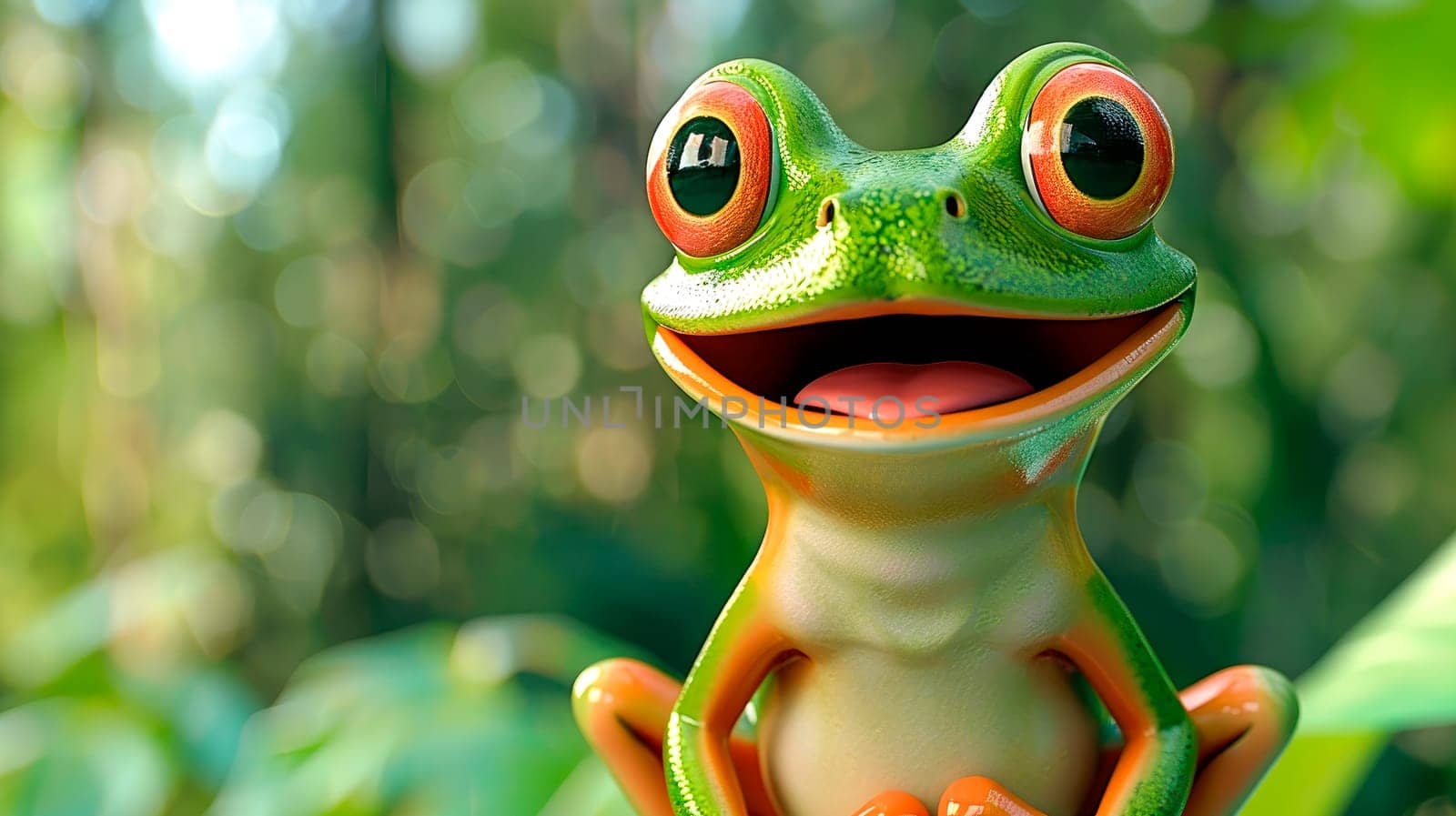 Gliding green frog in a tropical forest, look like laughing. Smiling tropical frog close-up view. AI generated