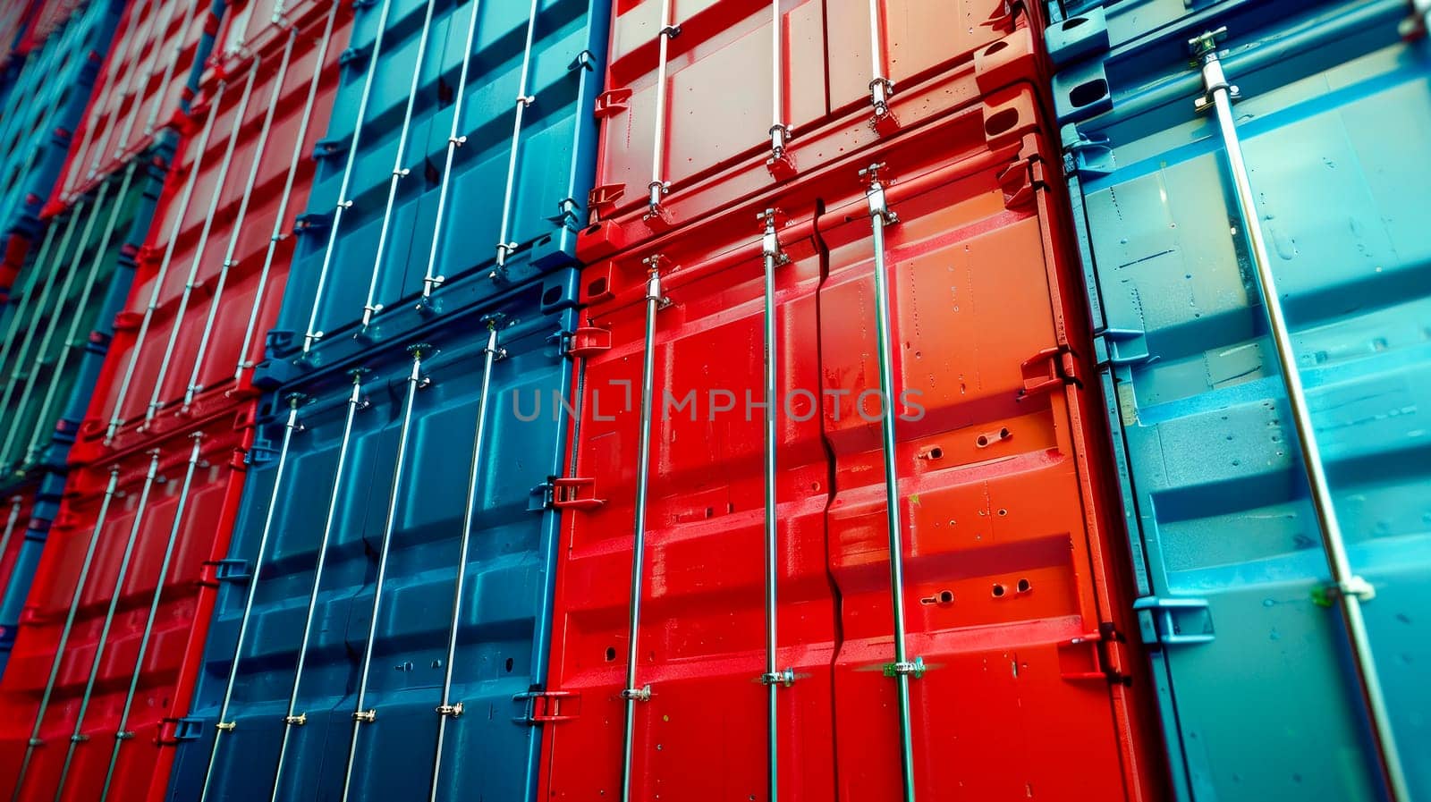 Stack of colorful containers box at sea port. Cargo freight shipping of container logistics industry concept.  AI generated