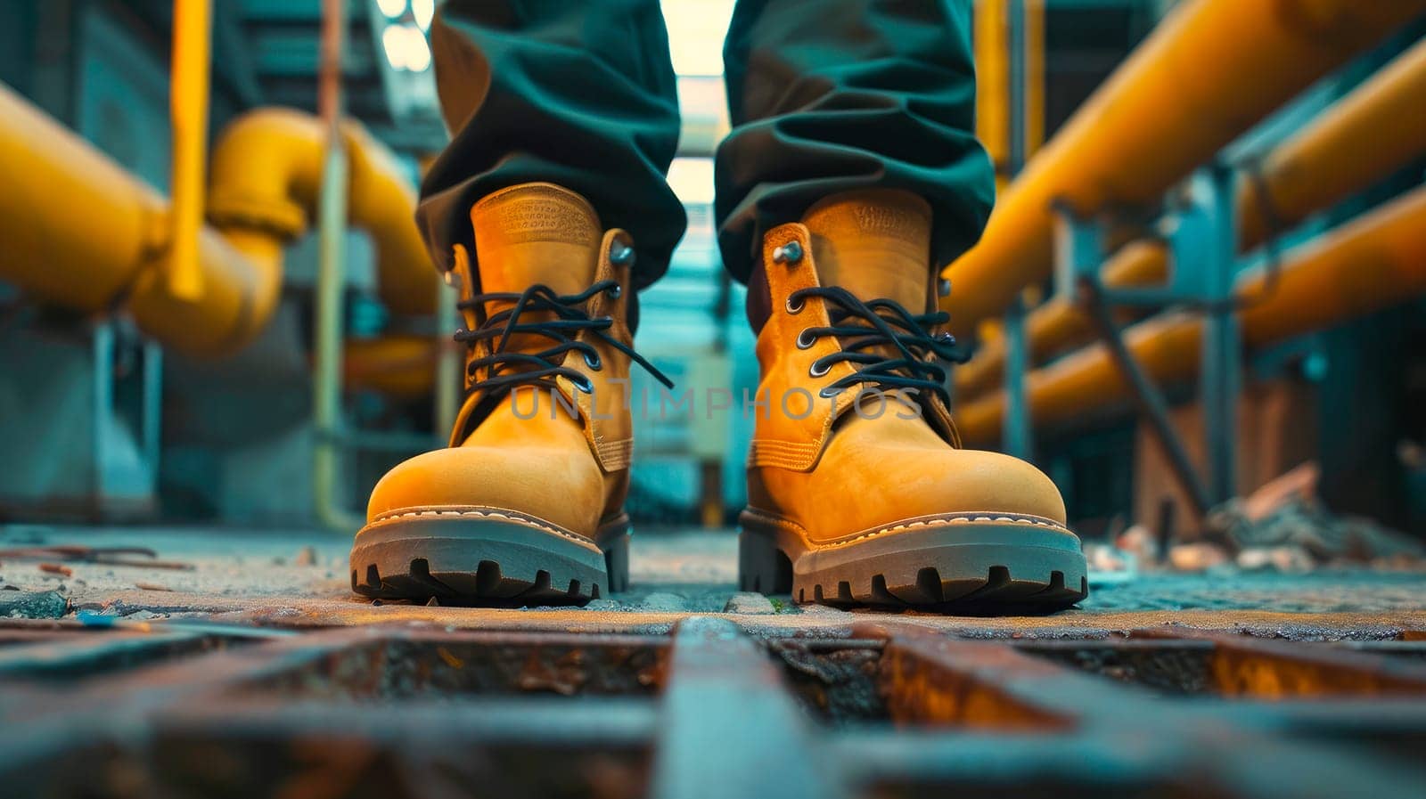 Close up feet wearing yellow leather shoes, which are safety shoes with steel inside to prevent injuries in construction site work. AI generated