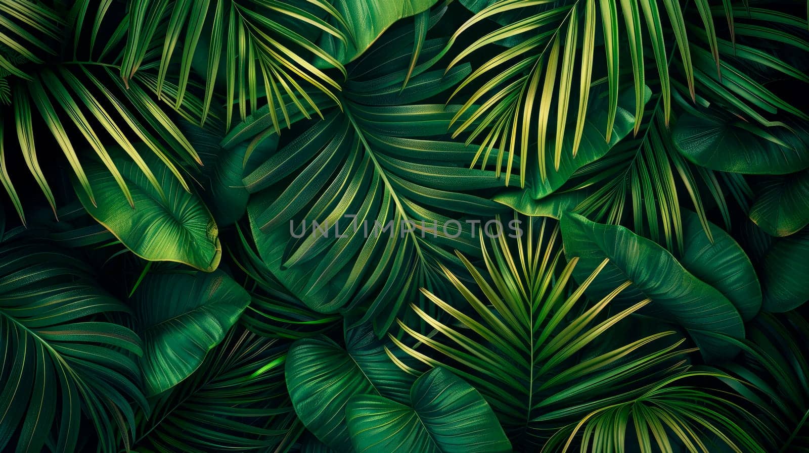 Top view of green leaf and palms background. Flat lay, dark nature concept, tropical leaf. AI generated