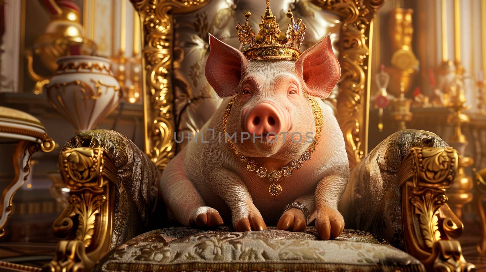 Concept for luxurious and careless life. A pig sitting elegantly on a luxurious throne.  AI generated