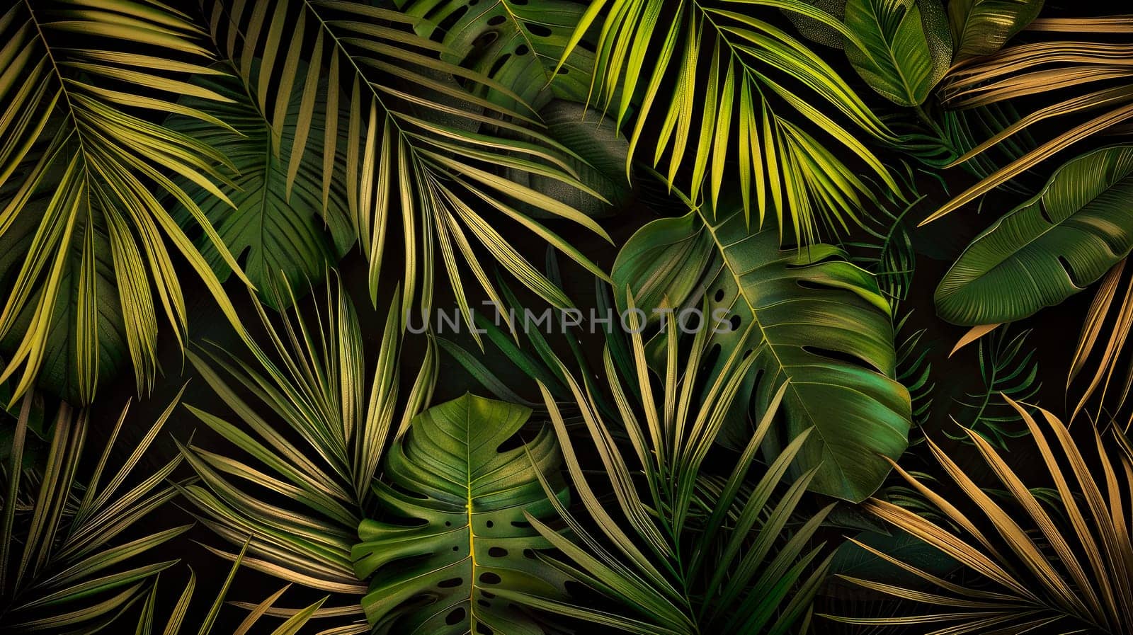 Top view of green palm leaves background. Flat lay, dark nature concept, tropical leaf. AI generated