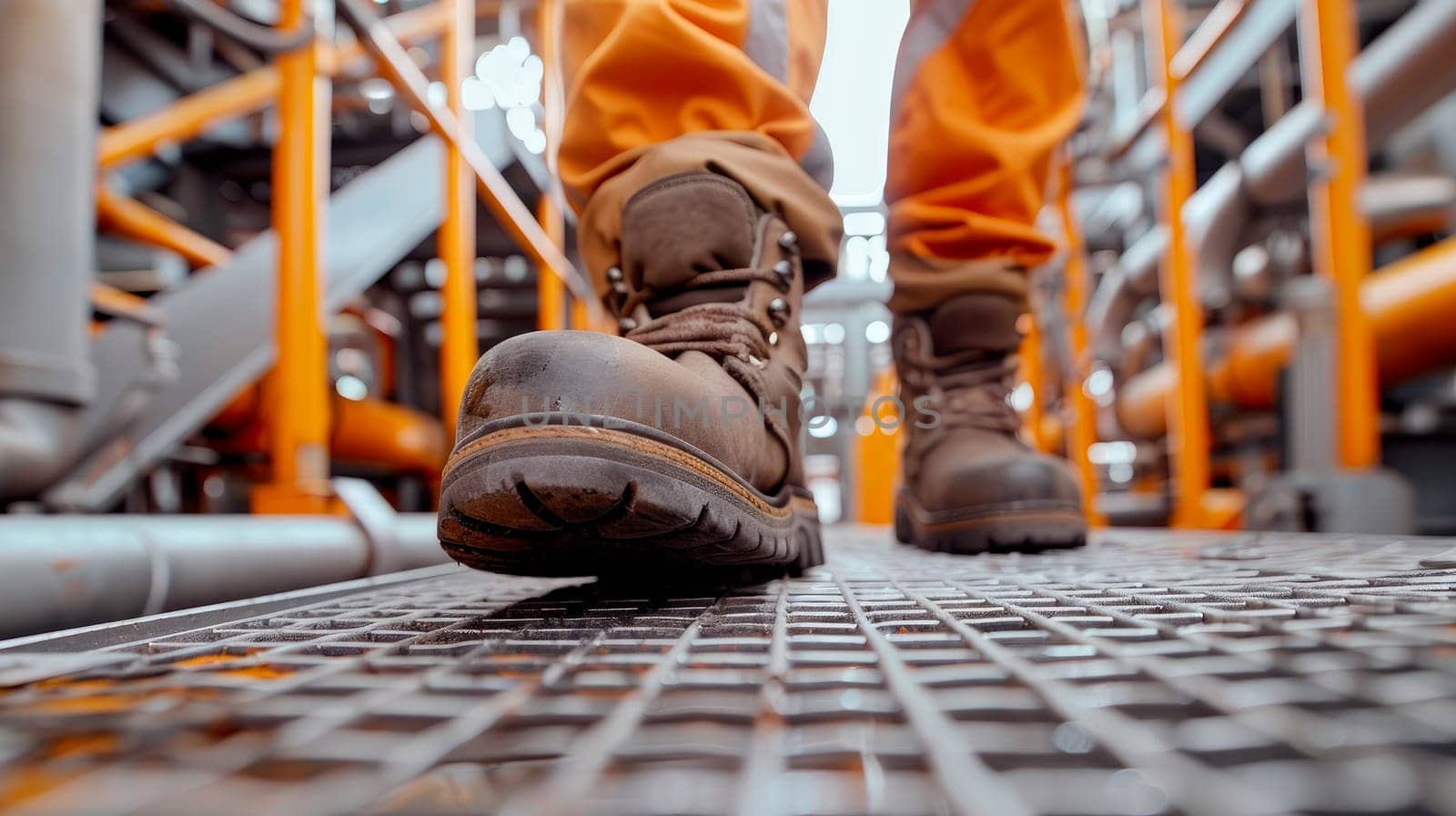 Close up feet wearing leather shoes, which are safety shoes with steel inside to prevent injuries in construction site work. AI generated