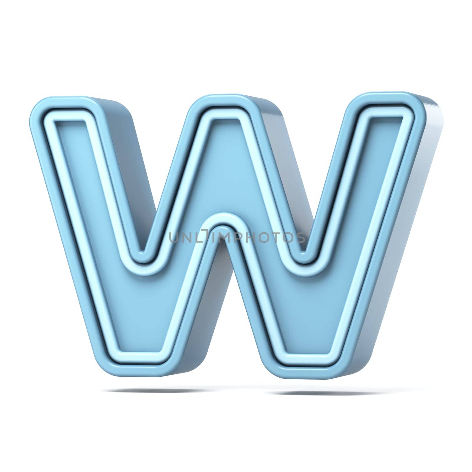 Pastel blue font Letter W 3D rendering illustration isolated on white background